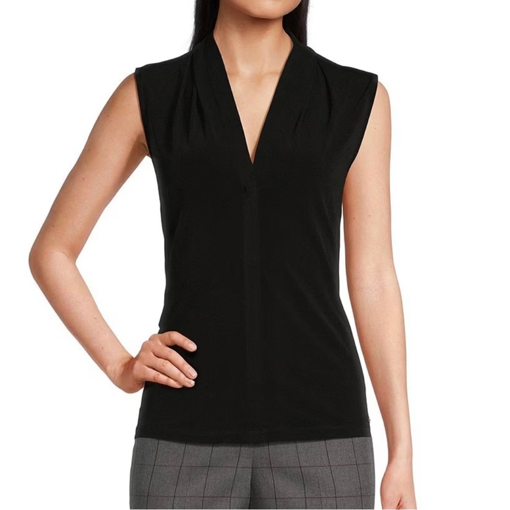Calvin Klein Matte Jersey V-Neck Shoulder Pleat Sleeveless Top